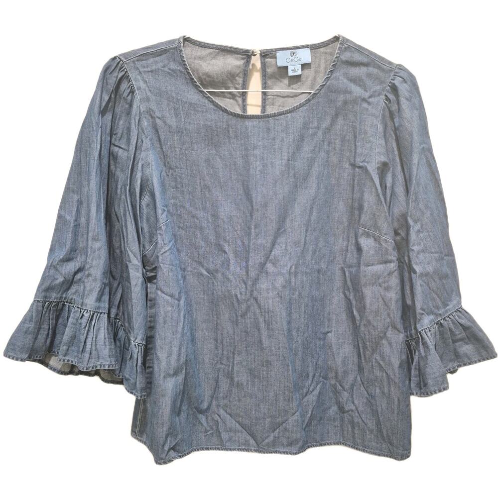 CeCe Blue Cotton Peasant Style Blouse Bell Sleeves Women L